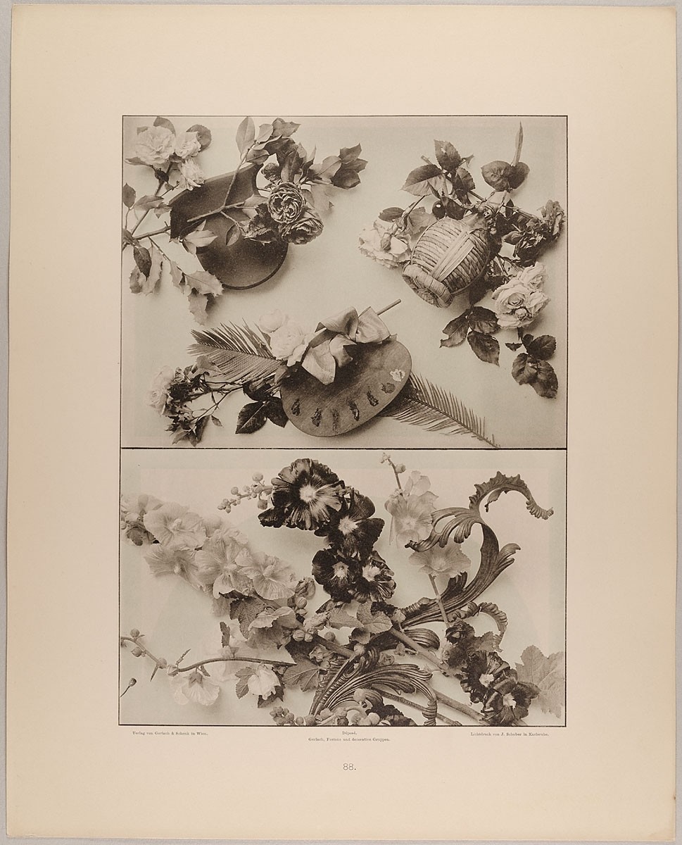 Martin Gerlach, 88. Vignetten aus Rosen, Schild, Flasche, Palette, Palme und Malven